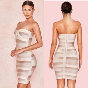House of CB Harriet Dress TONAL TAN STRAPLESS BANDAGE DRESS - Size L+